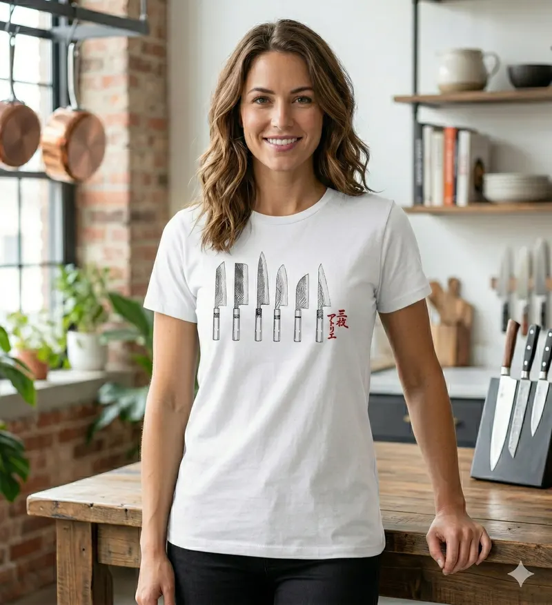 Model wearing a black T-shirt with six Japanese chef knives arranged in a fan.