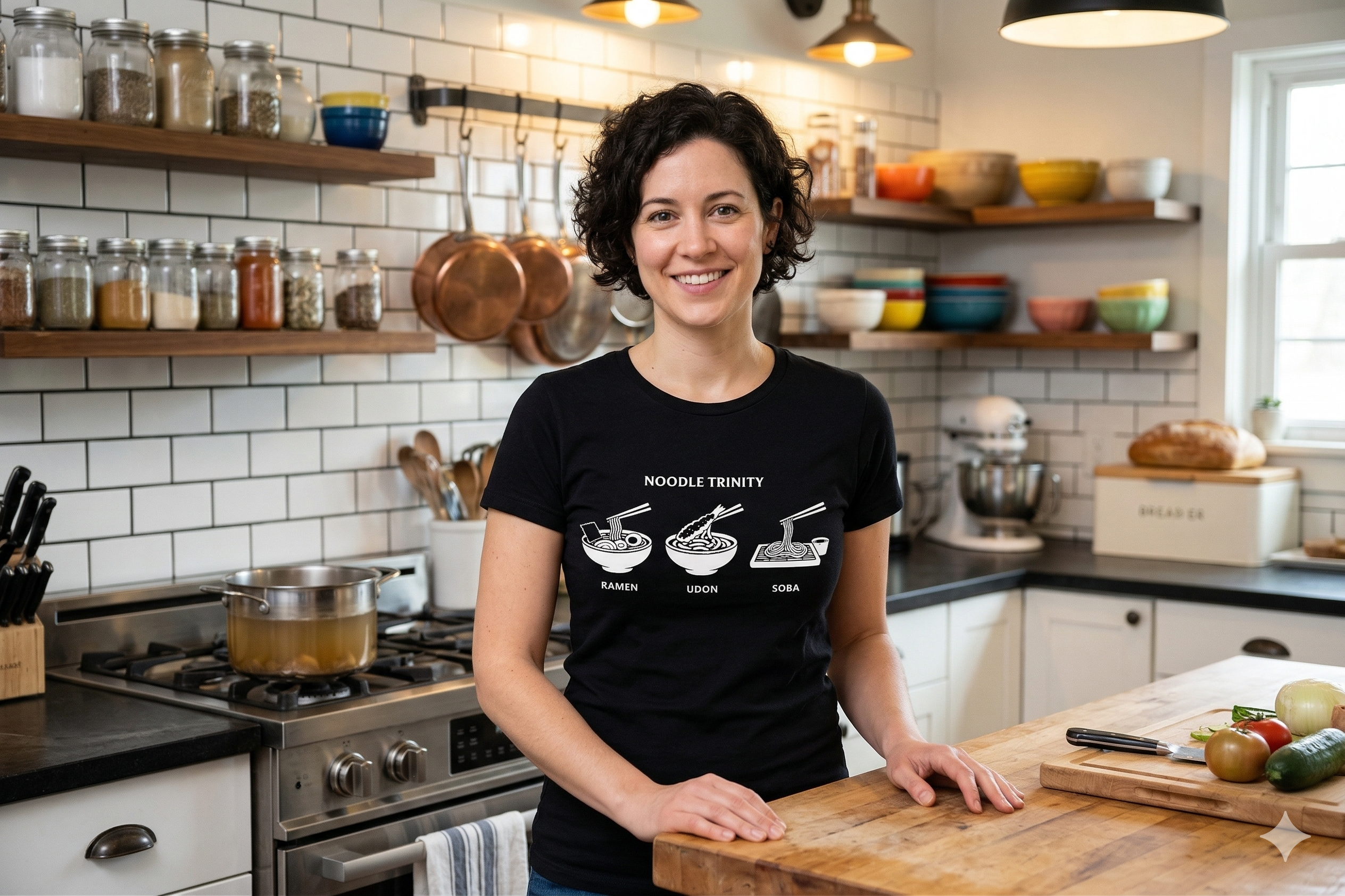 Noodle Trinity tee in black — minimalist ramen, udon, and soba graphic tee by San Mai Atelier, featuring three bowl illustrations in clean ink-style linework