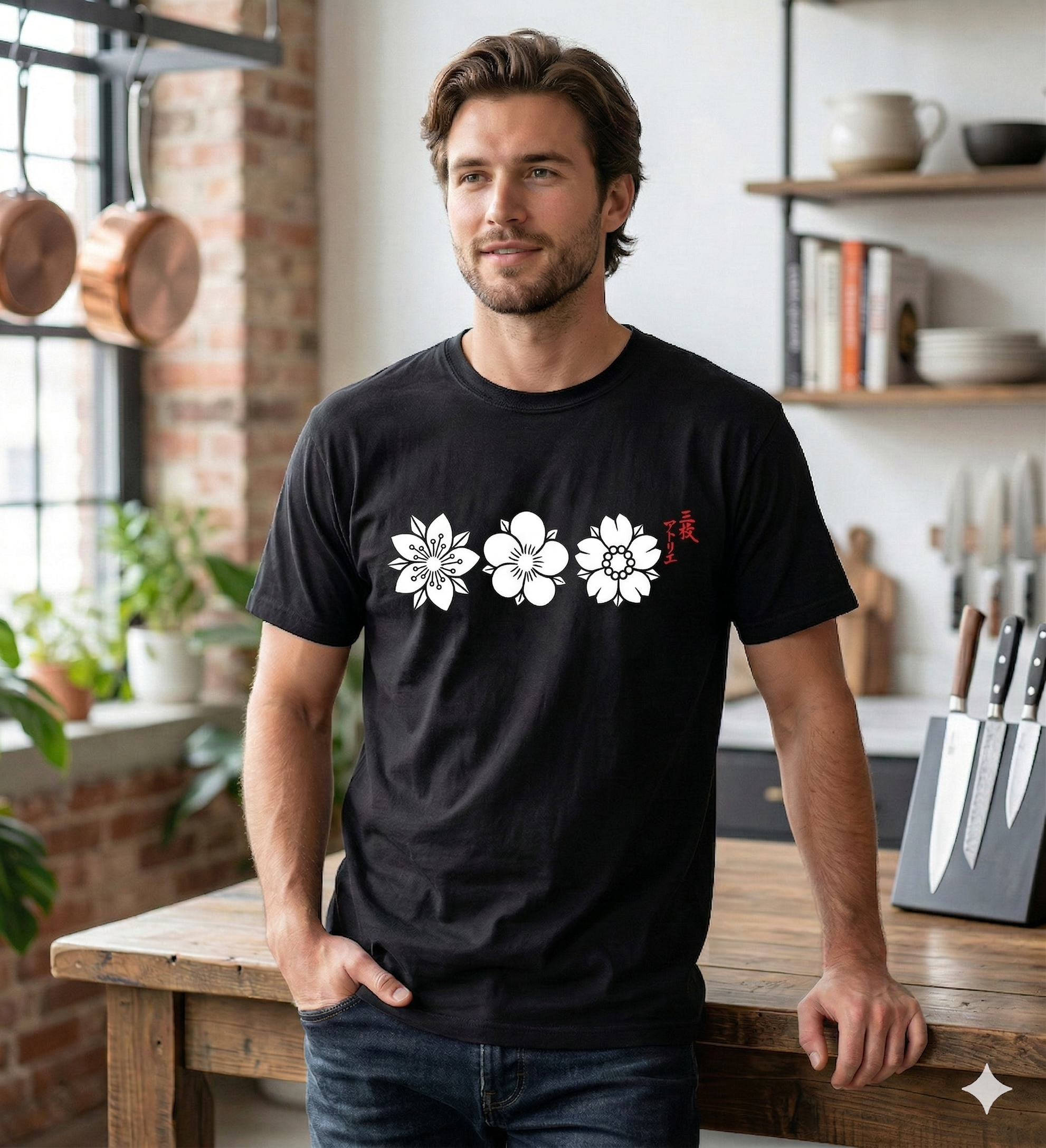 San Mai No.1 Sakura tee in black — minimalist Japanese blossom graphic tee by San Mai Atelier, featuring peach, plum, and cherry blossom linework with a red stamp detail