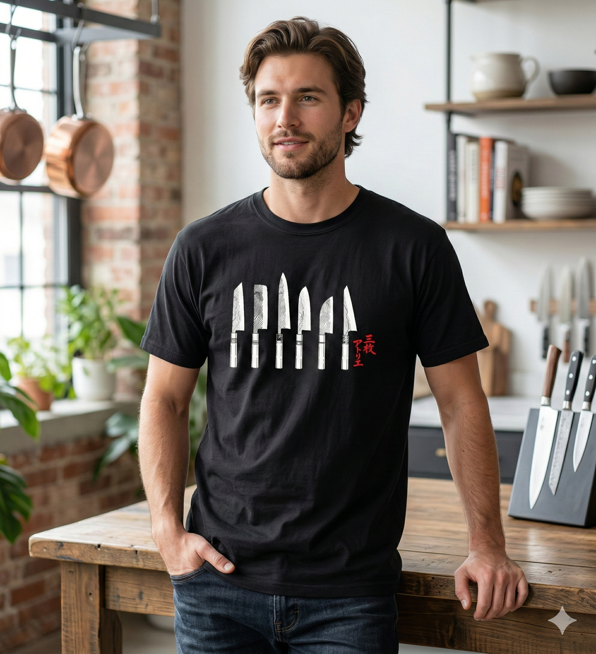 Gyuto knife set tee in black — minimalist Japanese knife graphic tee by San Mai Atelier, featuring a vertical arrangement of six chef knife silhouettes in fine ink-style lines with a red stamp mark